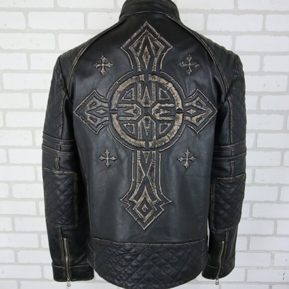 Affliction Black Premium Limited Leather Jacket Mens L fits Slim Cross Back Moto - Picture 5 of 16